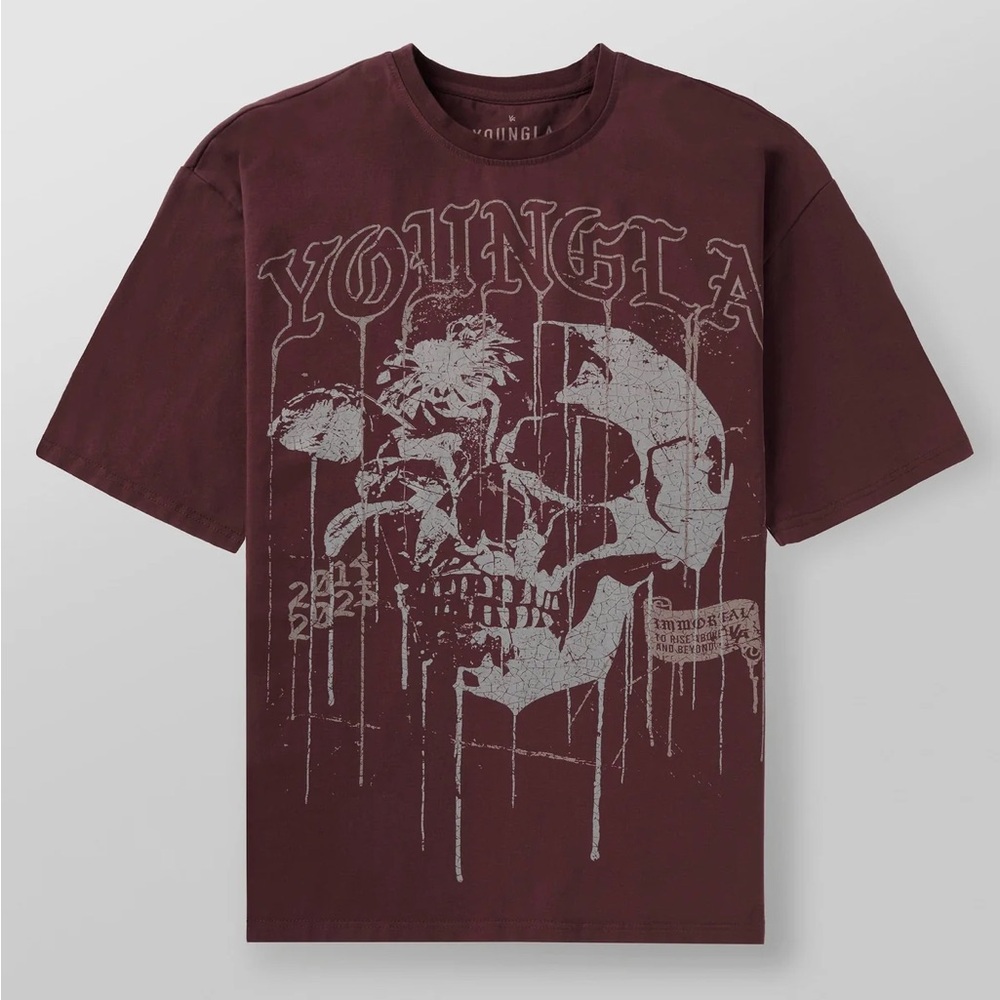 Mens YoungLA 4116 Floral Skull Graphic Short Sleeve Tee - Dark Red Size Large